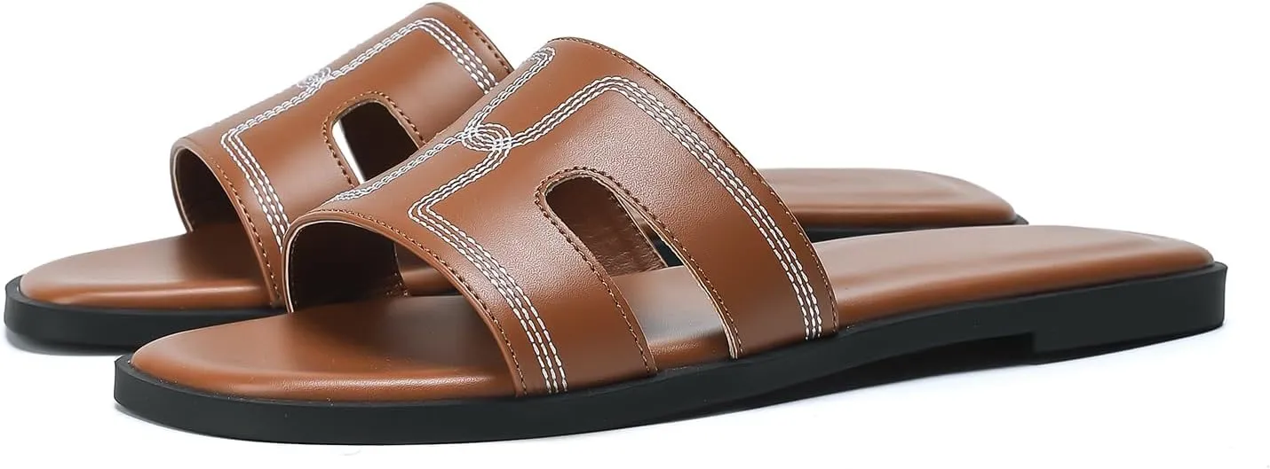 Stratuxx Kaze Womens Flat Sandals Dressy Summer Slide Leather Sandals Comfortable Cute Black Summer Slides for Women