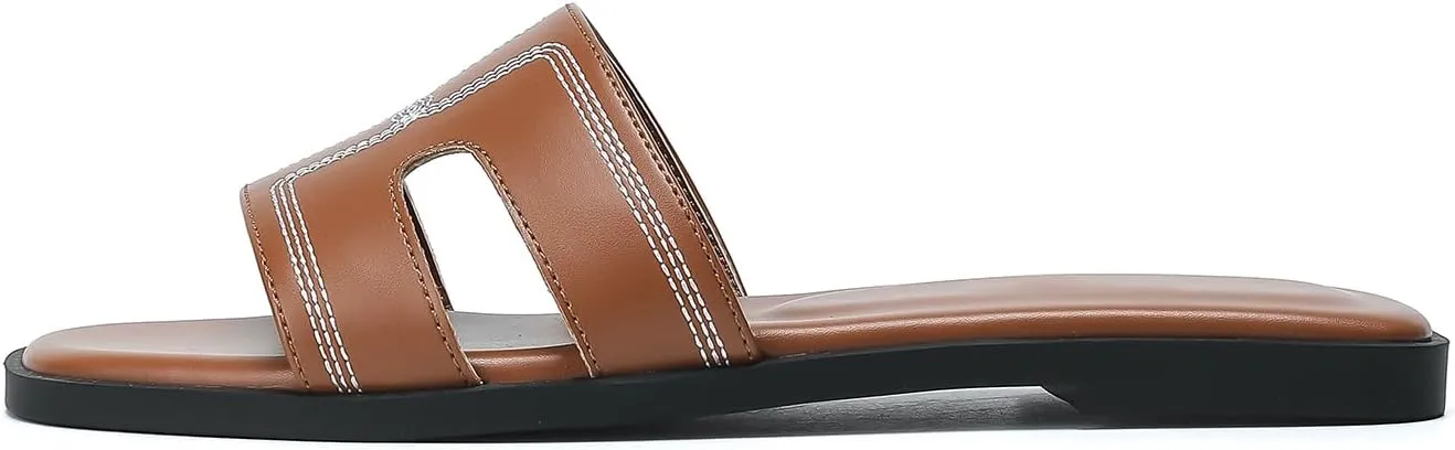 Stratuxx Kaze Womens Flat Sandals Dressy Summer Slide Leather Sandals Comfortable Cute Black Summer Slides for Women