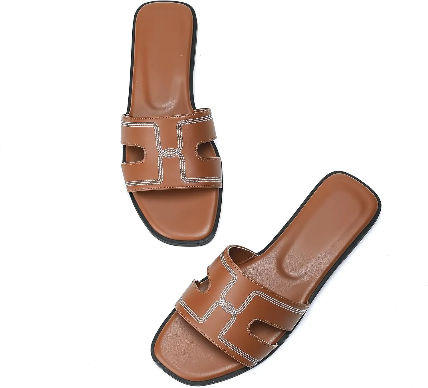 Stratuxx Kaze Womens Flat Sandals Dressy Summer Slide Leather Sandals Comfortable Cute Black Summer Slides for Women