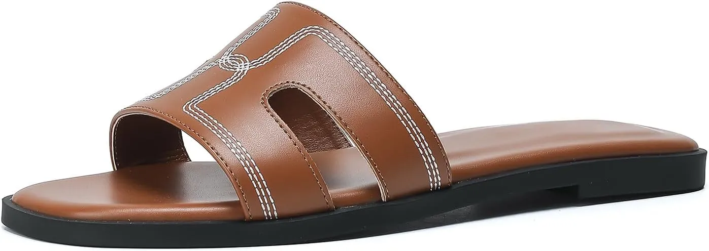 Stratuxx Kaze Womens Flat Sandals Dressy Summer Slide Leather Sandals Comfortable Cute Black Summer Slides for Women