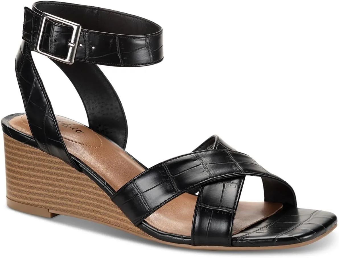 Style & Co. Womens Faux Leather Embossed Wedge Sandals Black 5 Medium (B,M)