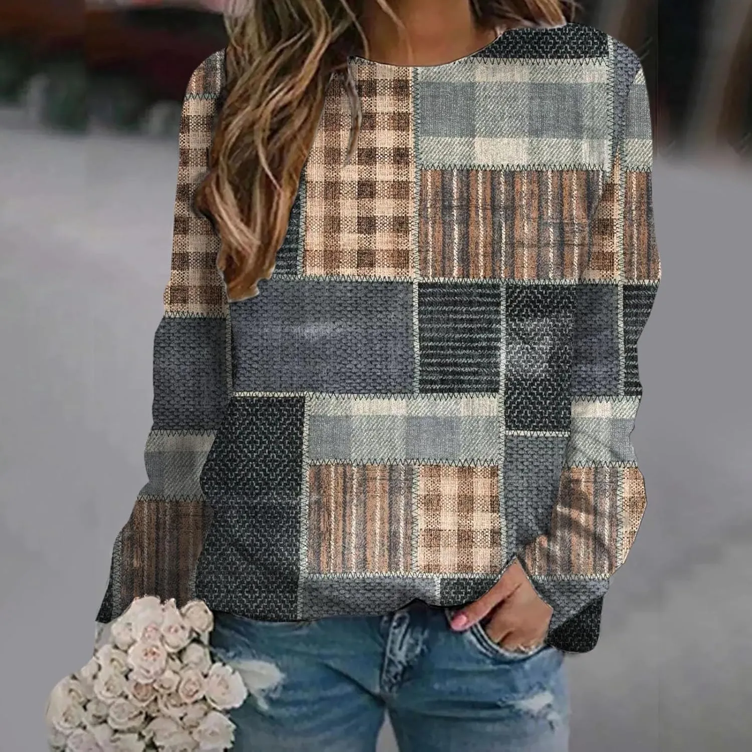 Stylish Patchwork Sweatshirt for Women Standard Fit Long Sleeve Crew Neck Pullover Striped Block Color Lightweight Blouse Top
