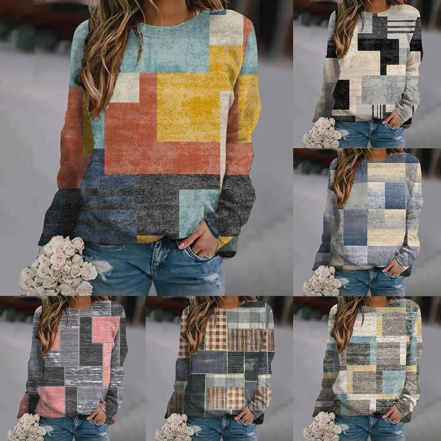 Stylish Patchwork Sweatshirt for Women Standard Fit Long Sleeve Crew Neck Pullover Striped Block Color Lightweight Blouse Top