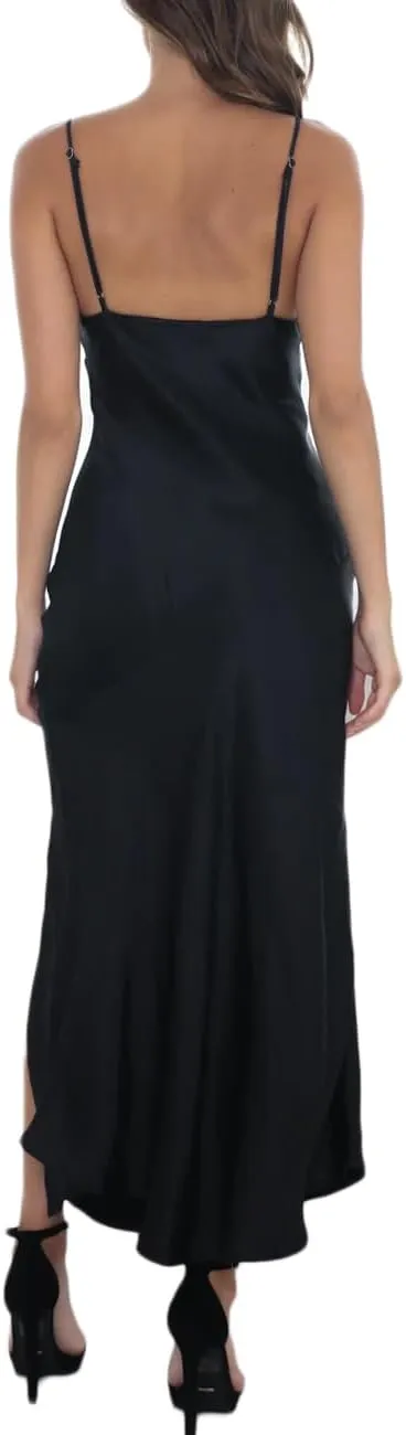 Summer Satin V Neck Silp Midi Dress for Women Wedding Guest 2025 Sexy Spaghetti Strap Backless Long Dresses with Slit