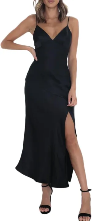 Summer Satin V Neck Silp Midi Dress for Women Wedding Guest 2025 Sexy Spaghetti Strap Backless Long Dresses with Slit