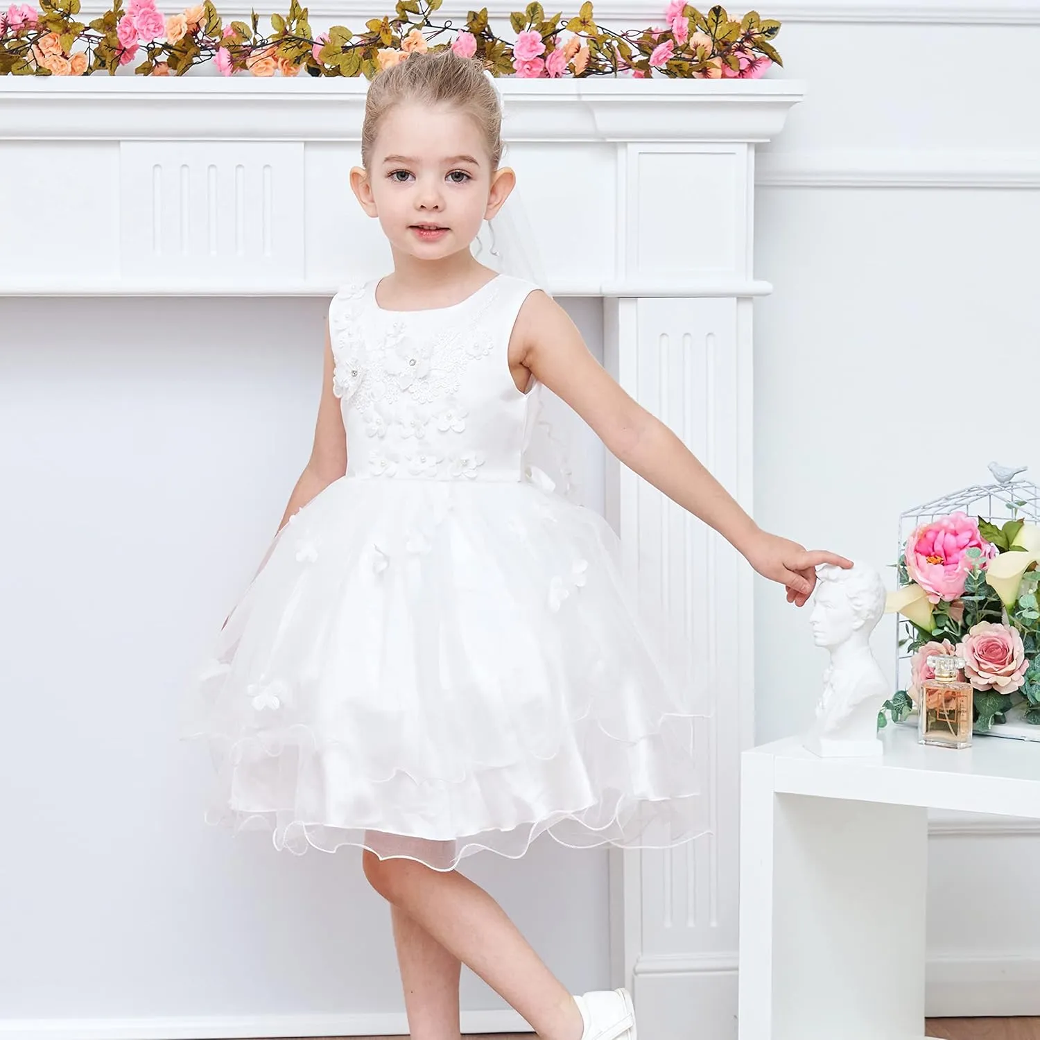 Sunny Fashion Flower Girls Dress White Wedding Pageant Bridesmaid Gown Size 3-10