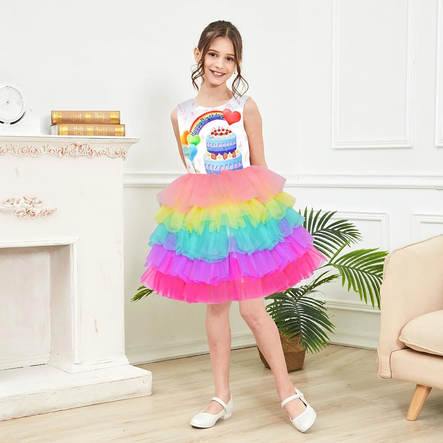 Sunny Fashion Girls Dress Birthday Princess Ruffle Dress Cake Balloon Print
