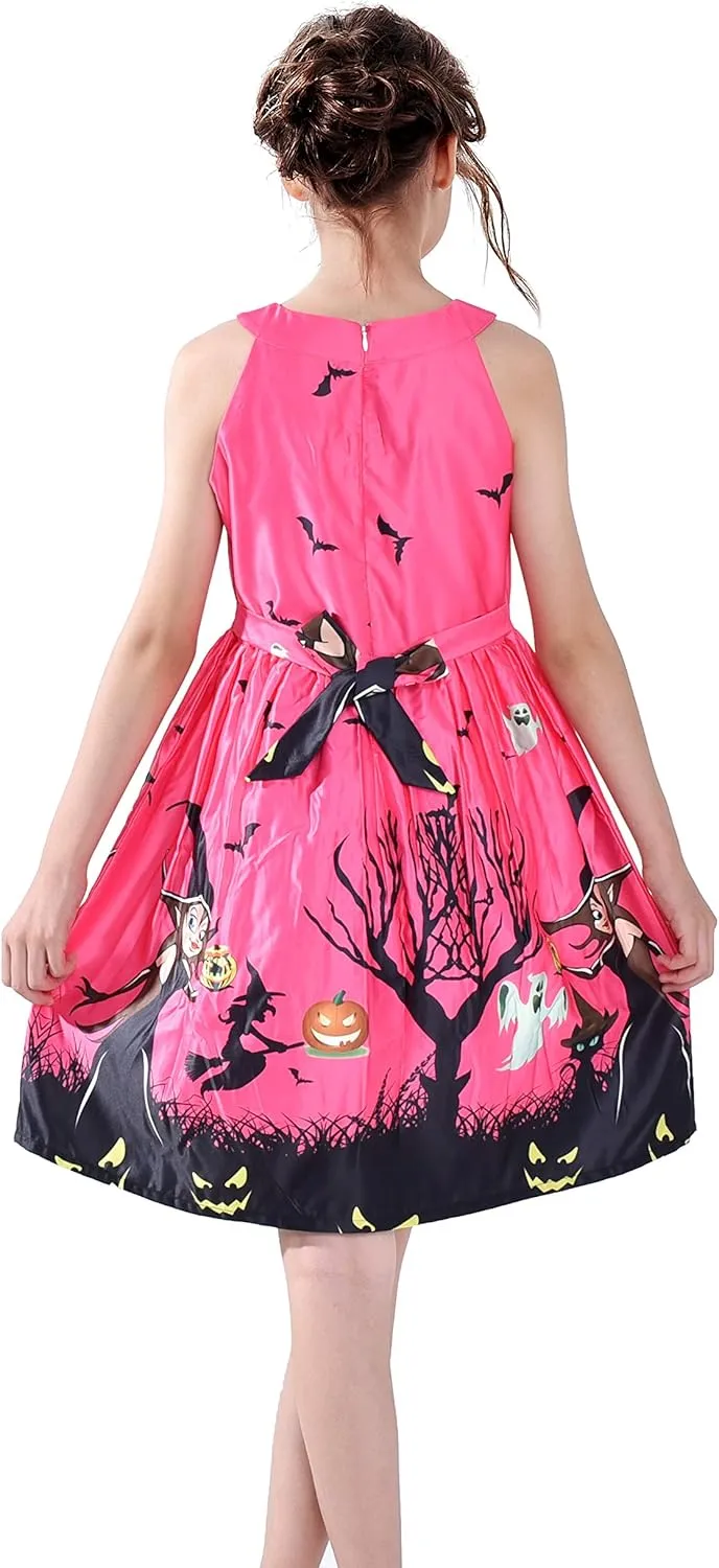 Sunny Fashion Girls Dress Halloween Party Witch Bat Pumpkin Halter Dress