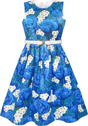 Sunny Fashion Girls Dress Navy Blue Flower Belt Vintage Party Size 6-14