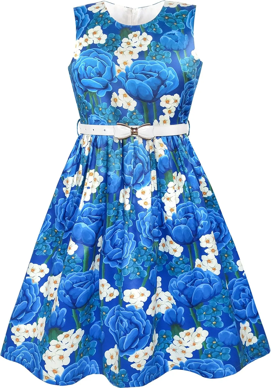 Sunny Fashion Girls Dress Navy Blue Flower Belt Vintage Party Size 6-14