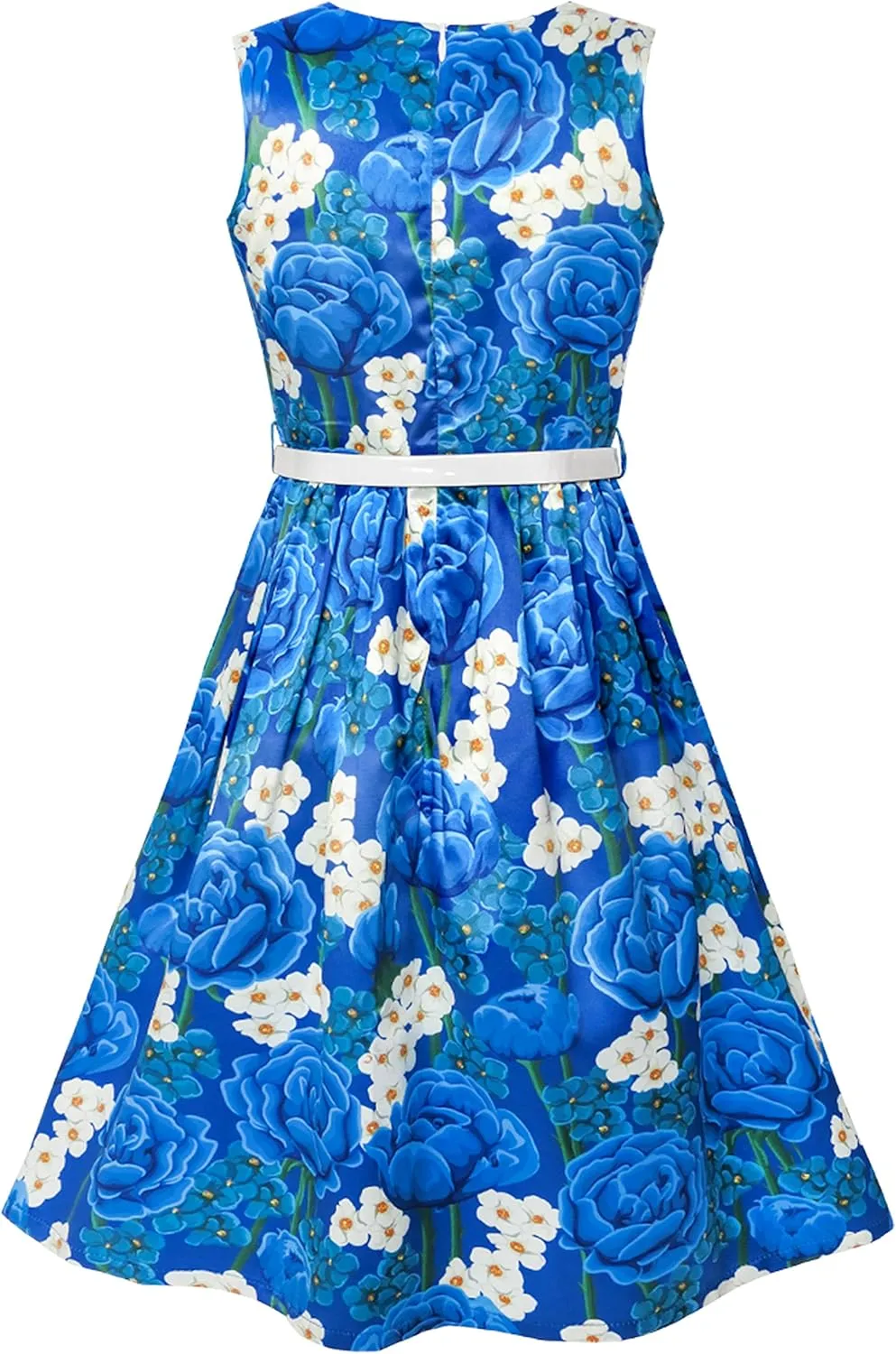 Sunny Fashion Girls Dress Navy Blue Flower Belt Vintage Party Size 6-14