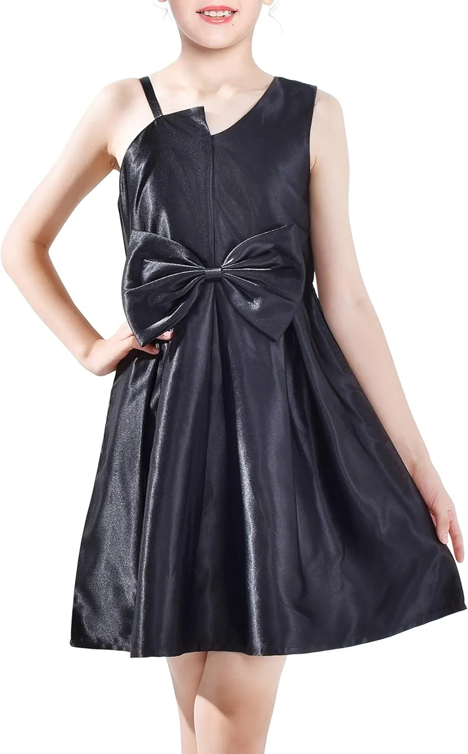 Sunny Fashion Girls Dress Satin Bow Tie One-Shoulder Party Size 6-12