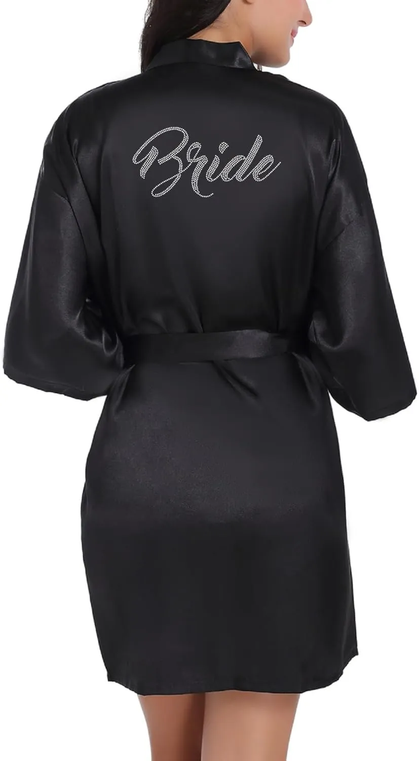 sunshinemall Women's Satin Kimono Robes with Rhinestones Bride Bridesmaid Short Getting Ready Wedding Dressing Gown