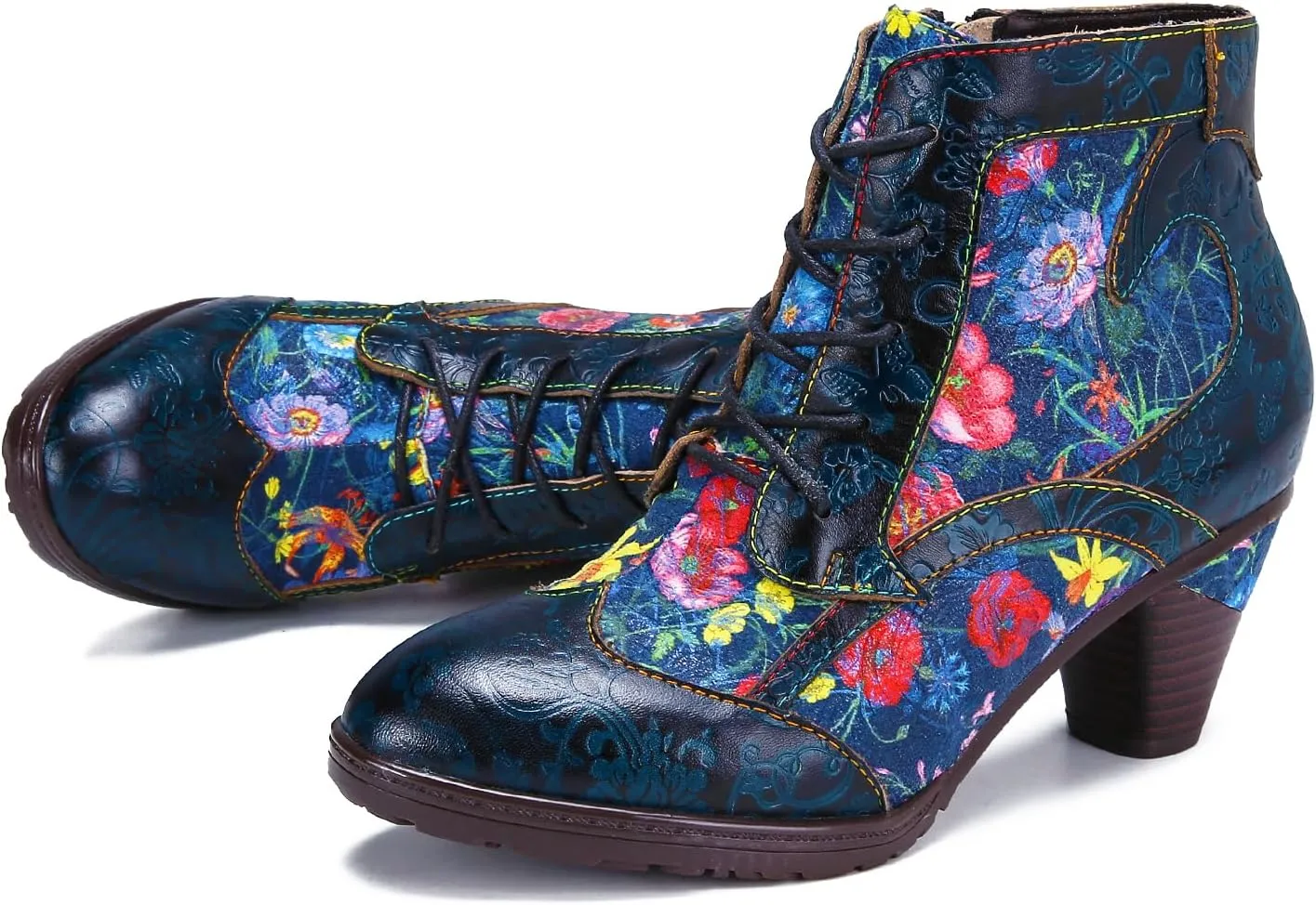 Superladystar's Retro Handmade Leather Women's Ankle Boots, Medium Heel, Colorful Painting, Metallic Style - Fashion, Comfortable, Durable, Unique Minority Style