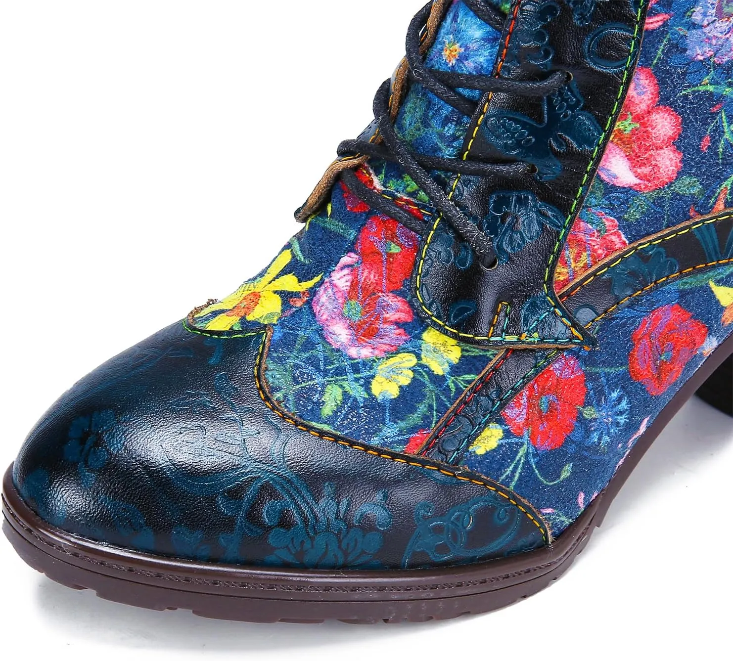 Superladystar's Retro Handmade Leather Women's Ankle Boots, Medium Heel, Colorful Painting, Metallic Style - Fashion, Comfortable, Durable, Unique Minority Style