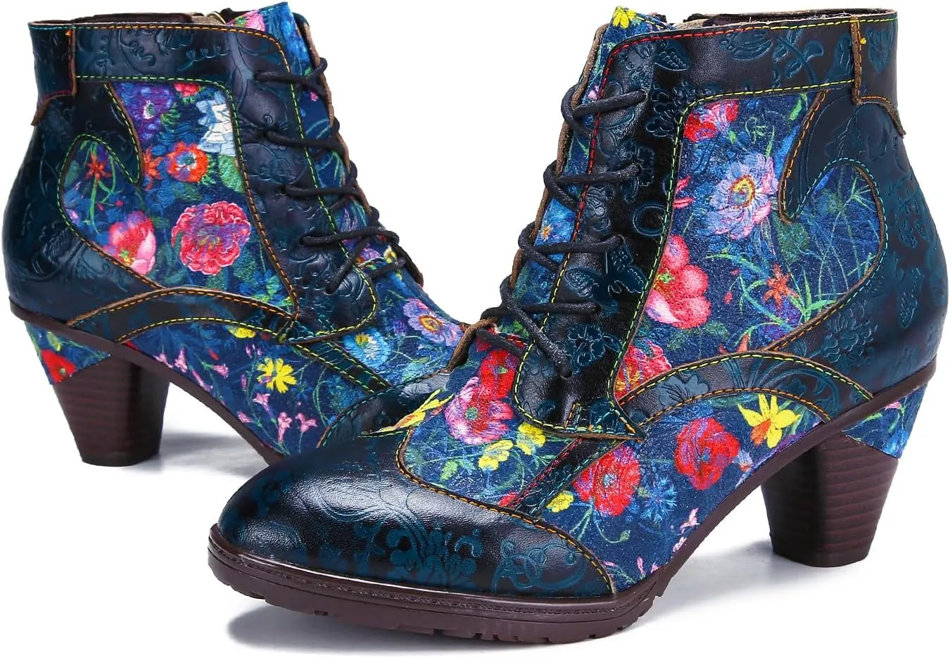 Superladystar's Retro Handmade Leather Women's Ankle Boots, Medium Heel, Colorful Painting, Metallic Style - Fashion, Comfortable, Durable, Unique Minority Style