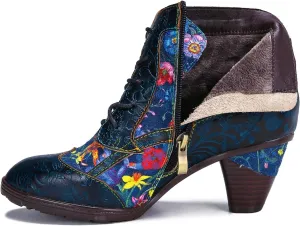 Superladystar's Retro Handmade Leather Women's Ankle Boots, Medium Heel, Colorful Painting, Metallic Style - Fashion, Comfortable, Durable, Unique Minority Style