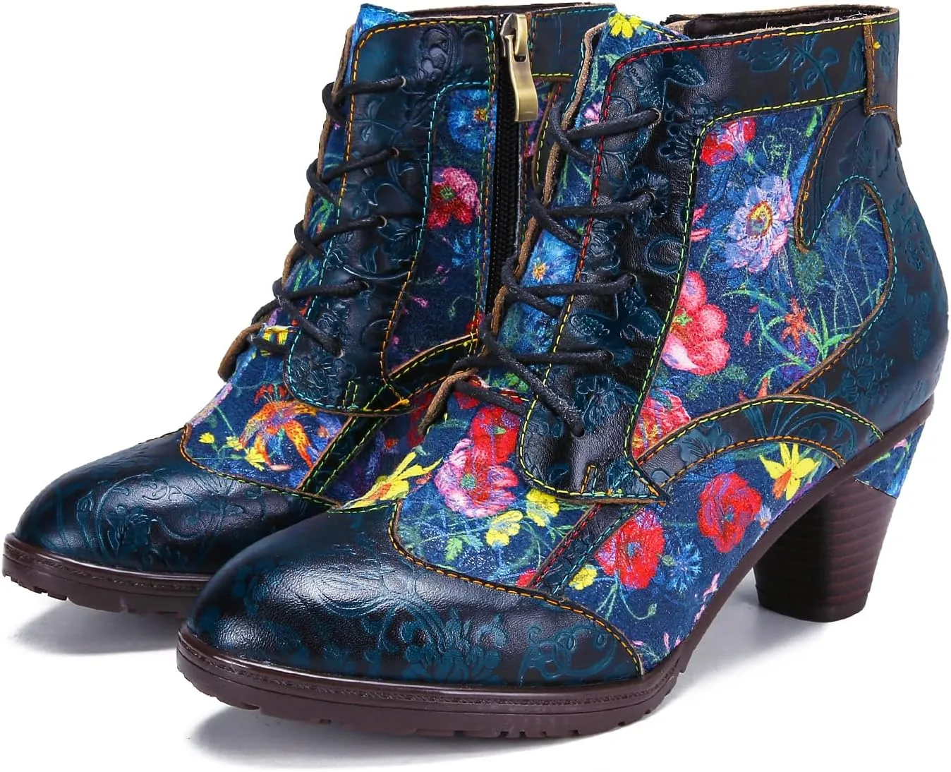 Superladystar's Retro Handmade Leather Women's Ankle Boots, Medium Heel, Colorful Painting, Metallic Style - Fashion, Comfortable, Durable, Unique Minority Style