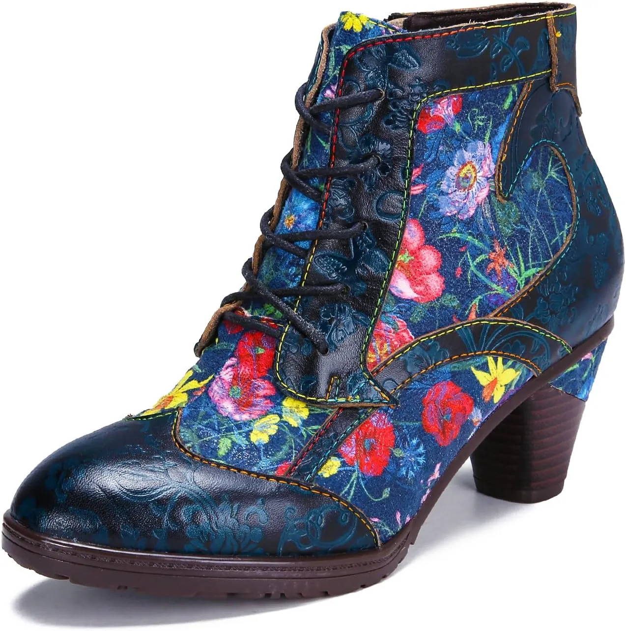 Superladystar's Retro Handmade Leather Women's Ankle Boots, Medium Heel, Colorful Painting, Metallic Style - Fashion, Comfortable, Durable, Unique Minority Style
