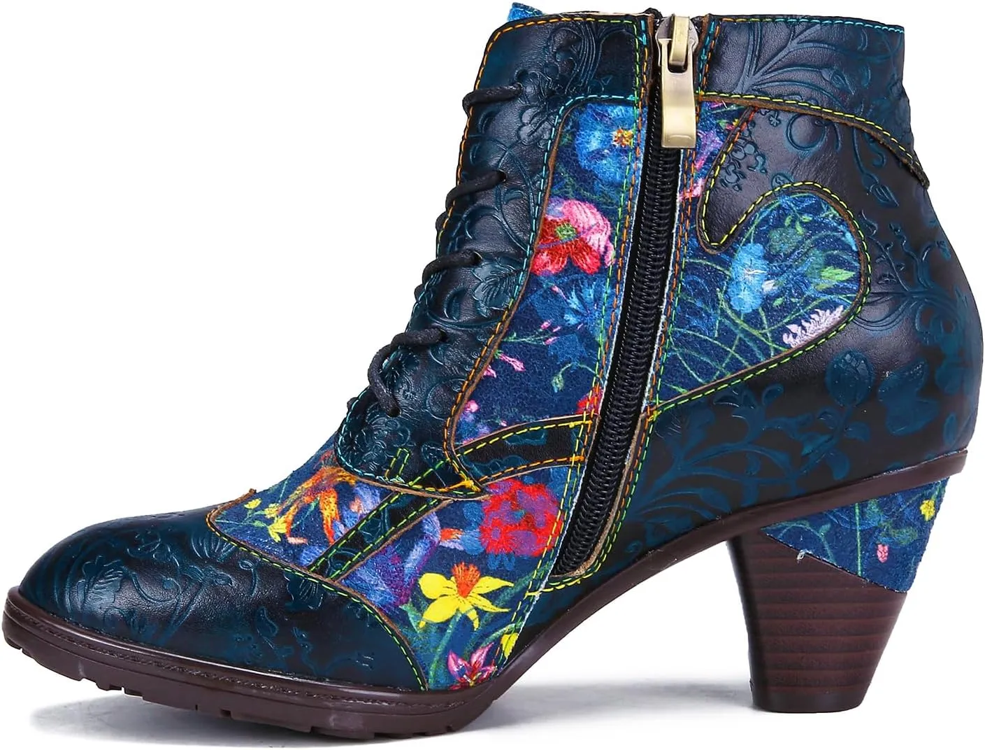 Superladystar's Retro Handmade Leather Women's Ankle Boots, Medium Heel, Colorful Painting, Metallic Style - Fashion, Comfortable, Durable, Unique Minority Style