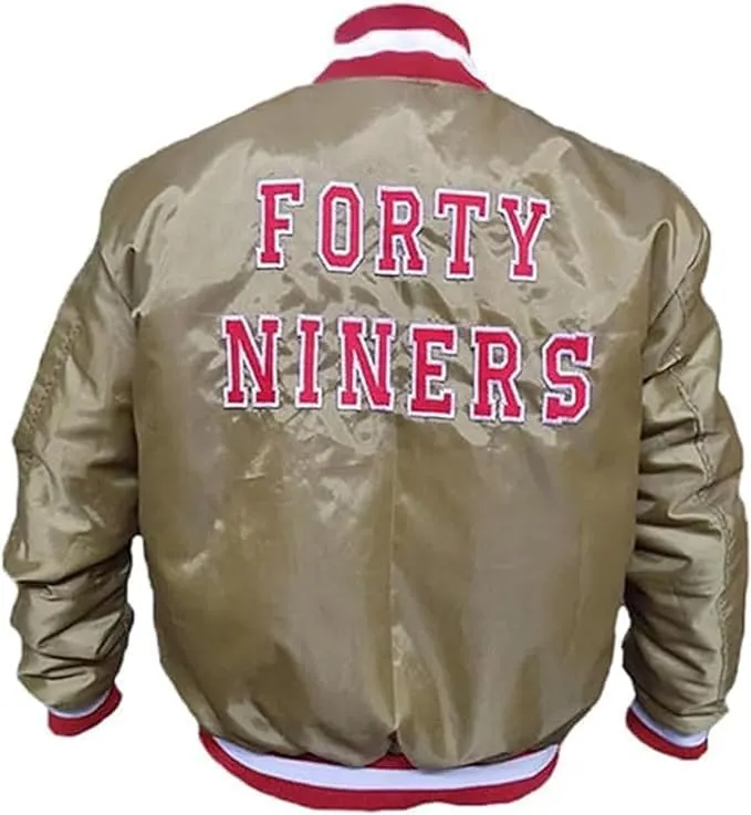 superlative Four-T-9 Satin Varsity Bomber Jacket For Men’s – Team Fans Golden Varsity Letterman Jacket