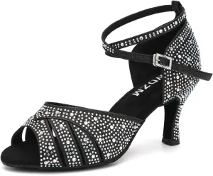 SWDZM Women Rhinestone Ballroom Dance Shoes Latin Salsa Performance Dancing Shoes,Black,Heel 3 inch,Suede Sole,5 US