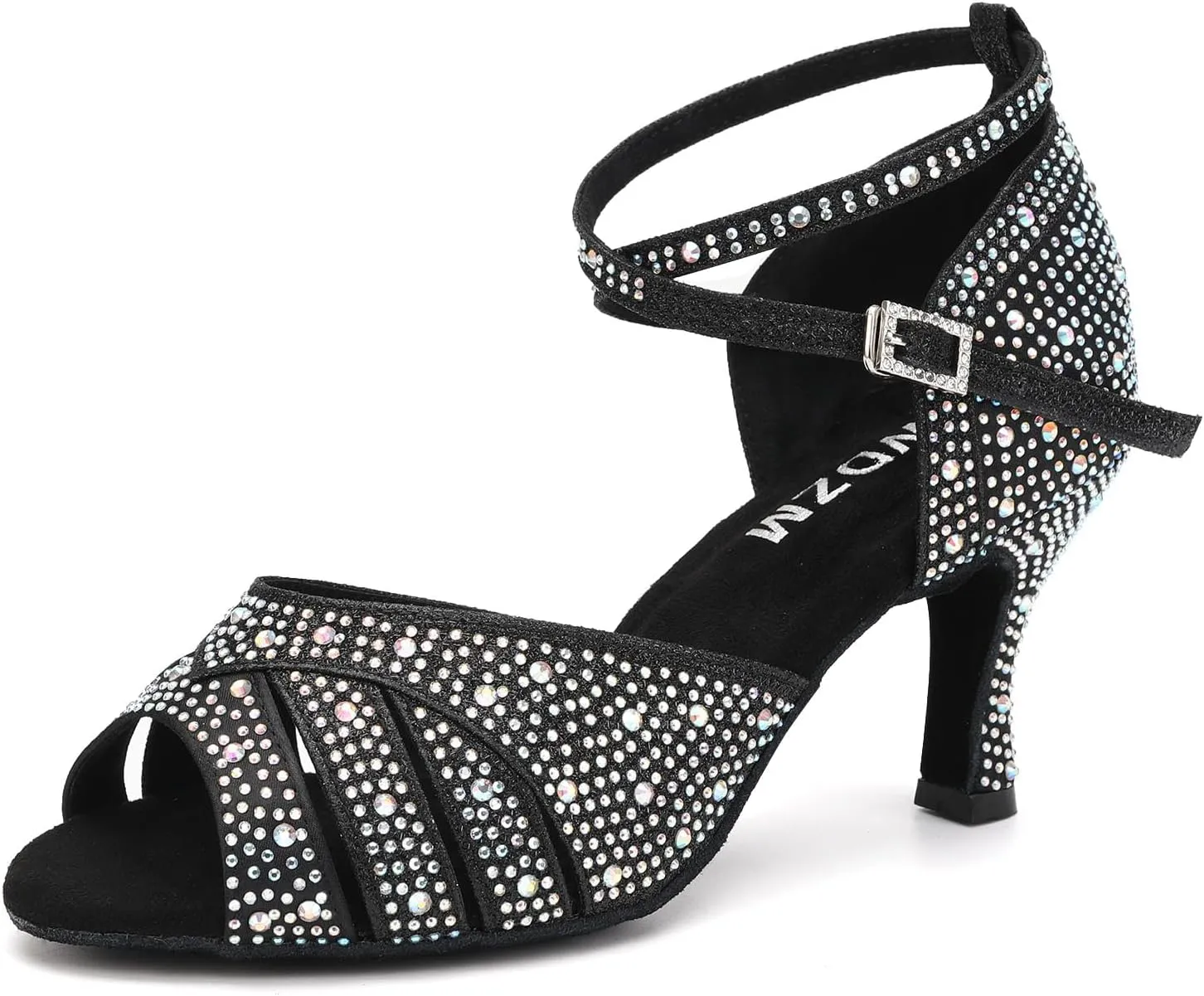 SWDZM Women Rhinestone Ballroom Dance Shoes Latin Salsa Performance Dancing Shoes,Black,Heel 3 inch,Suede Sole,5 US