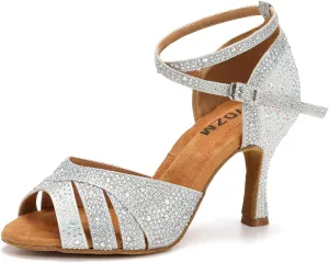 SWDZM Women Rhinestone Ballroom Dance Shoes Latin Salsa Performance Dancing Shoes,Silver,Heel 3 inch,Suede Sole,8 US
