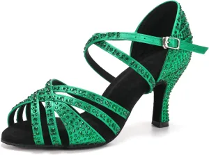 SWDZM Women's Rhinestone Dance Shoes Ballroom Latin Salsa Performance Practice Dancing Shoes