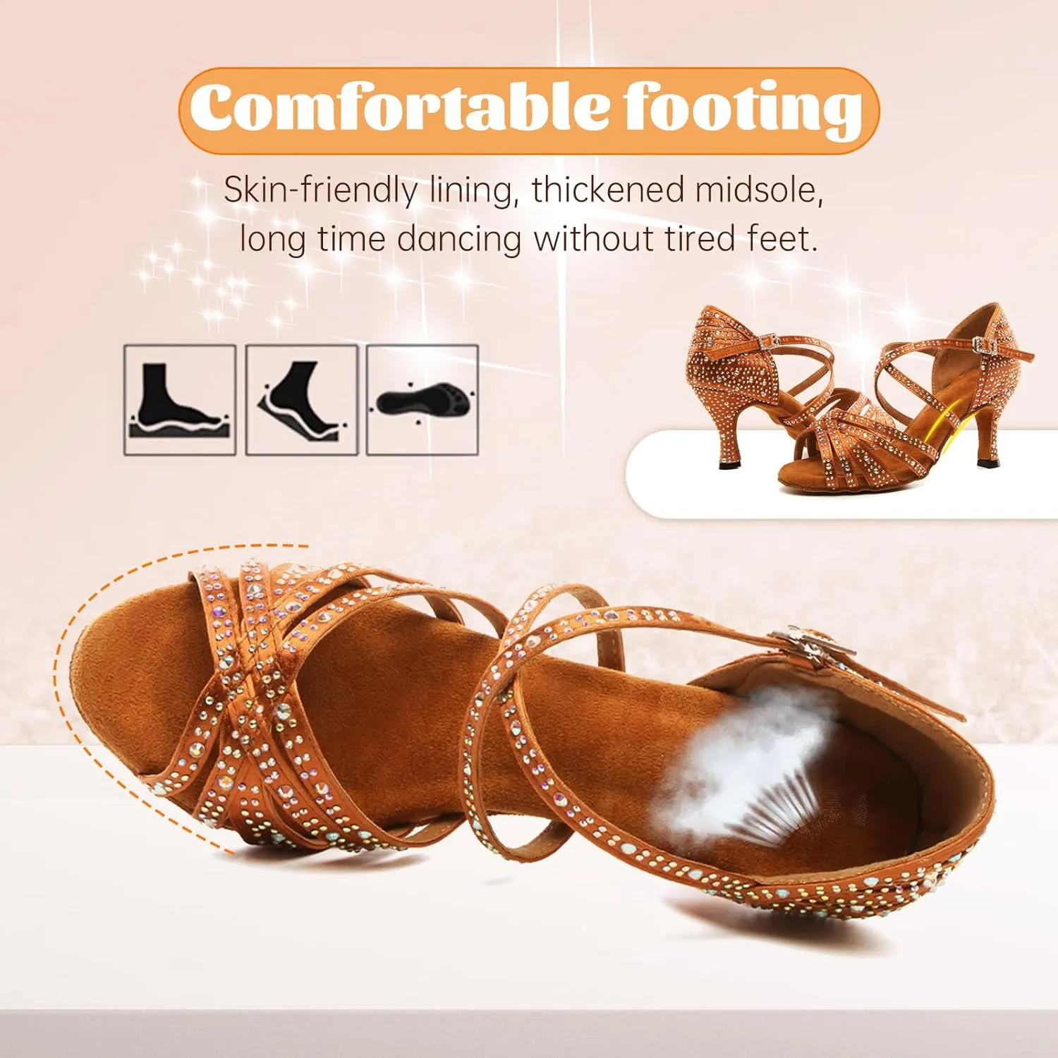 SWDZM Women's Rhinestone Dance Shoes Ballroom Latin Salsa Performance Practice Dancing Shoes