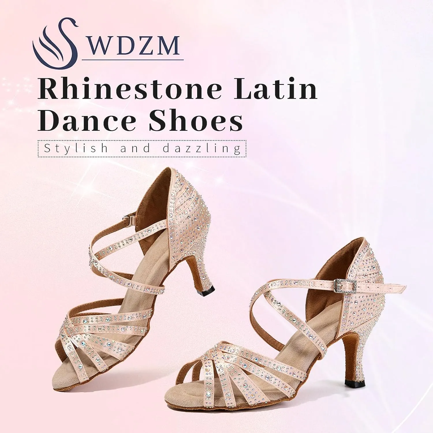 SWDZM Women's Rhinestone Dance Shoes Ballroom Latin Salsa Performance Practice Dancing Shoes