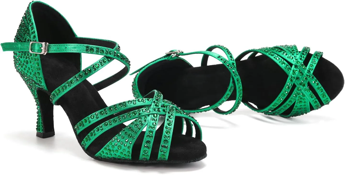 SWDZM Women's Rhinestone Dance Shoes Ballroom Latin Salsa Performance Practice Dancing Shoes