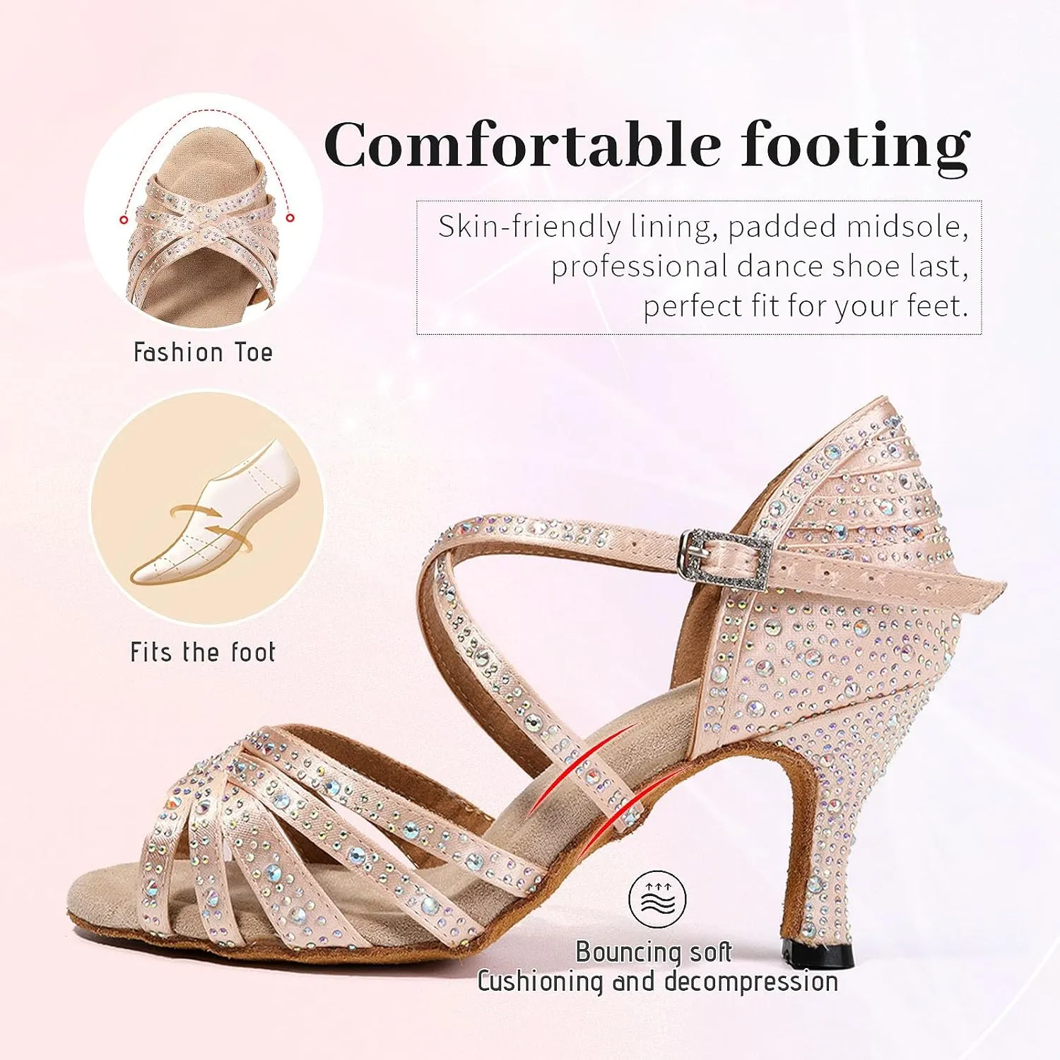 SWDZM Women's Rhinestone Dance Shoes Ballroom Latin Salsa Performance Practice Dancing Shoes