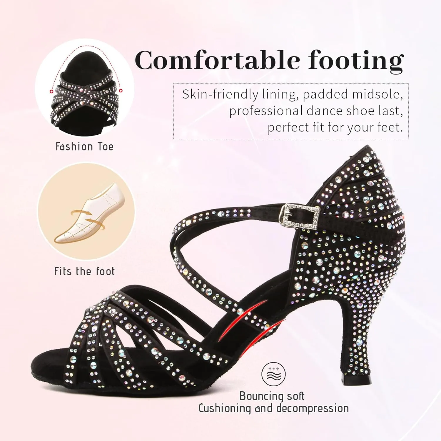 SWDZM Women's Rhinestone Dance Shoes Ballroom Latin Salsa Performance Practice Dancing Shoes