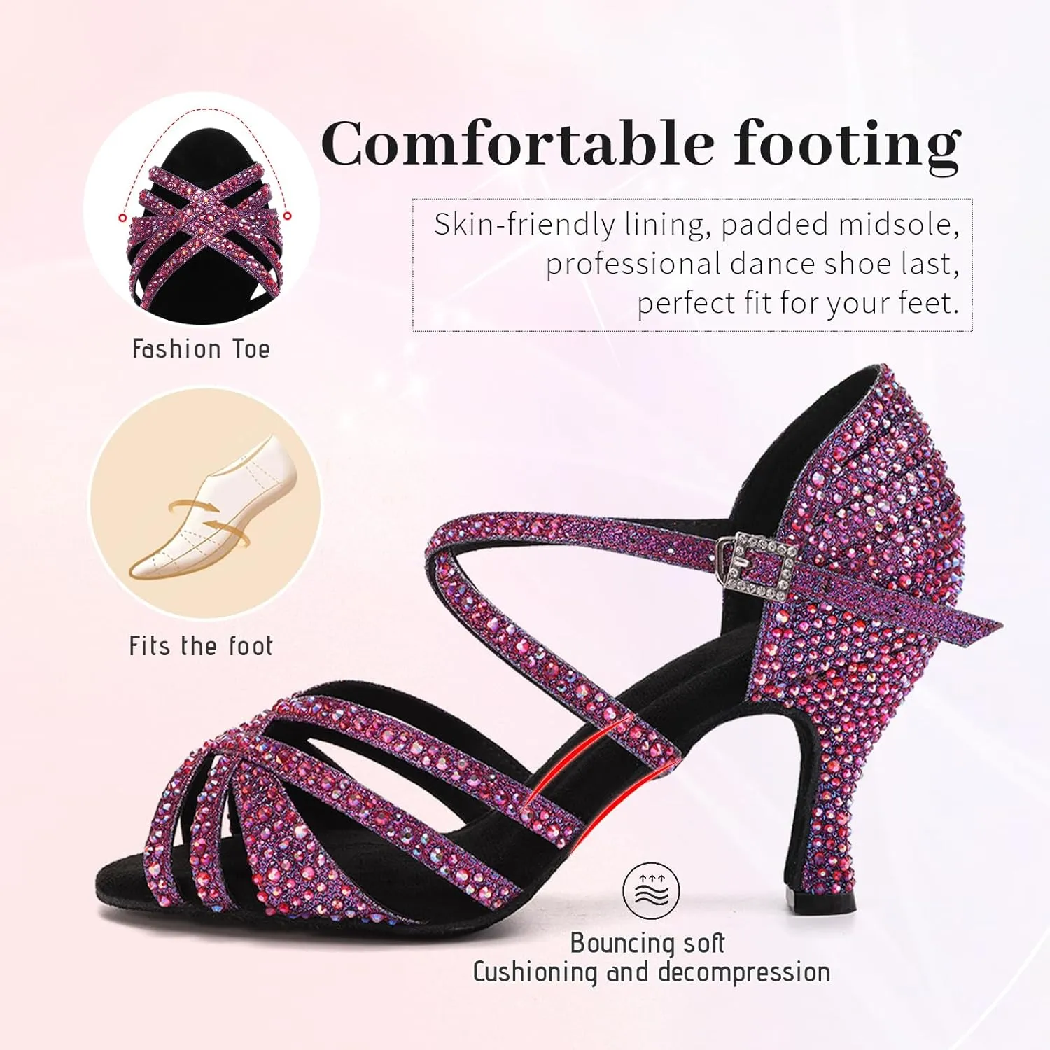 SWDZM Women's Rhinestone Dance Shoes Ballroom Latin Salsa Performance Practice Dancing Shoes