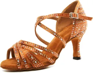 SWDZM Women's Rhinestone Dance Shoes Ballroom Latin Salsa Performance Practice Dancing Shoes