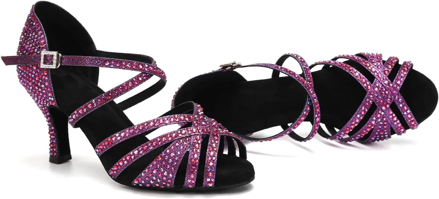 SWDZM Women's Rhinestone Dance Shoes Ballroom Latin Salsa Performance Practice Dancing Shoes