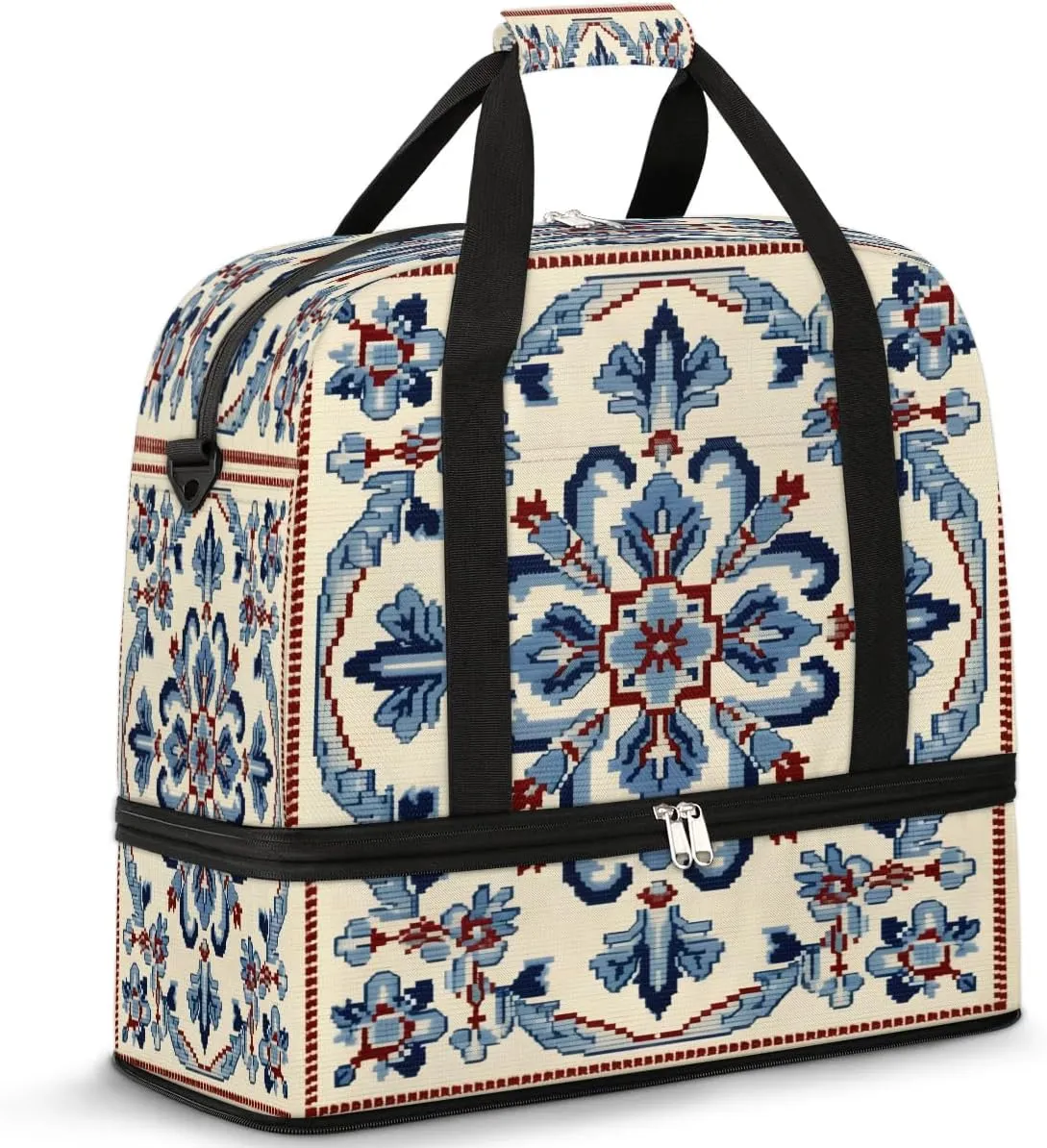 Symmetrical Embroidery Travel Duffel Bag, Travel Essentials, Gym Bag for Women, Weekender Overnight Bag With Shoes Compartment, Carry On Bags for Airplanes