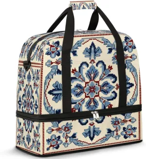 Symmetrical Embroidery Travel Duffel Bag, Travel Essentials, Gym Bag for Women, Weekender Overnight Bag With Shoes Compartment, Carry On Bags for Airplanes
