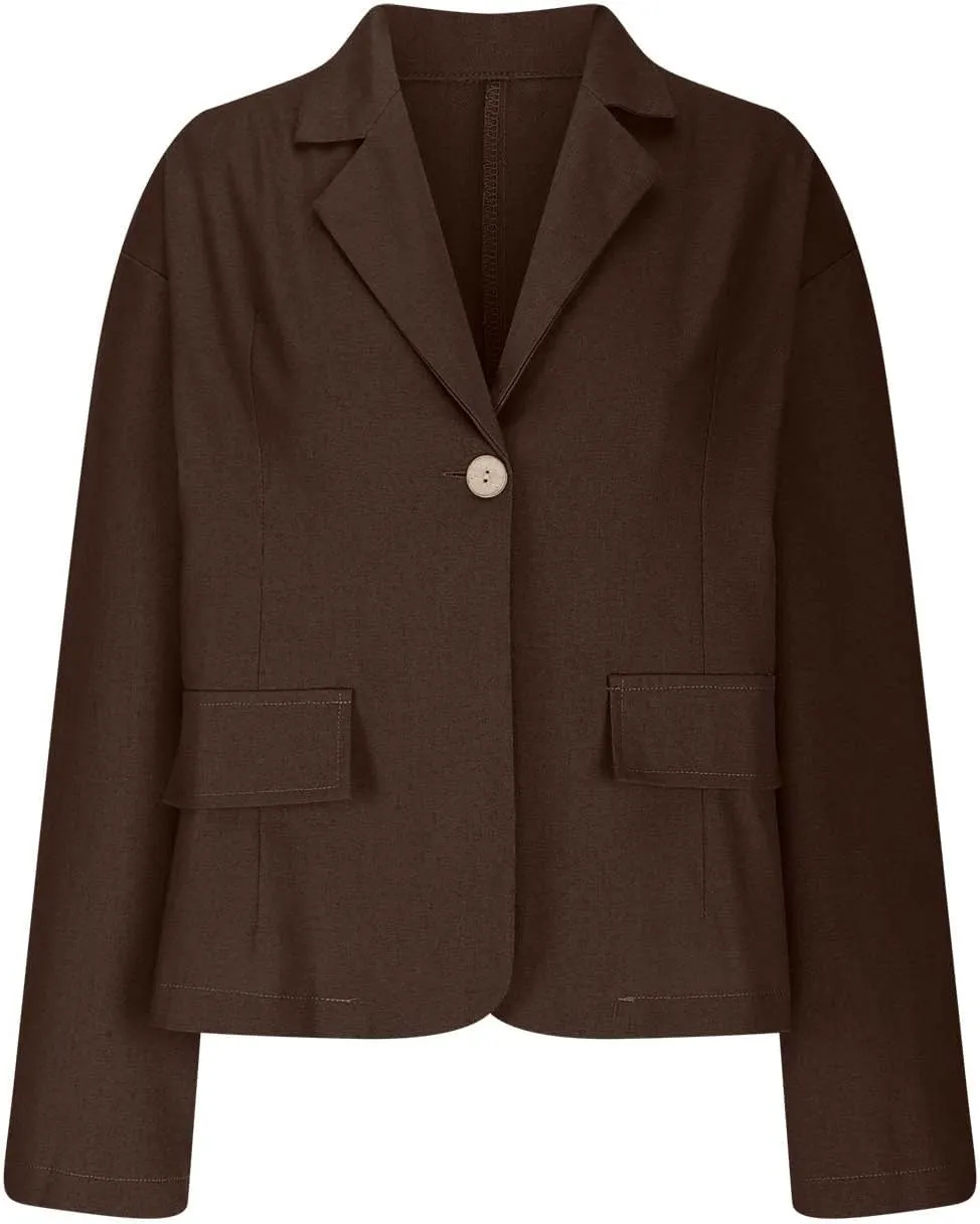 TANGNADE Linen Blazer Women Lightweight Casual Long Sleeve Spring Summer Jackets One Button Lapel Suit Blazer