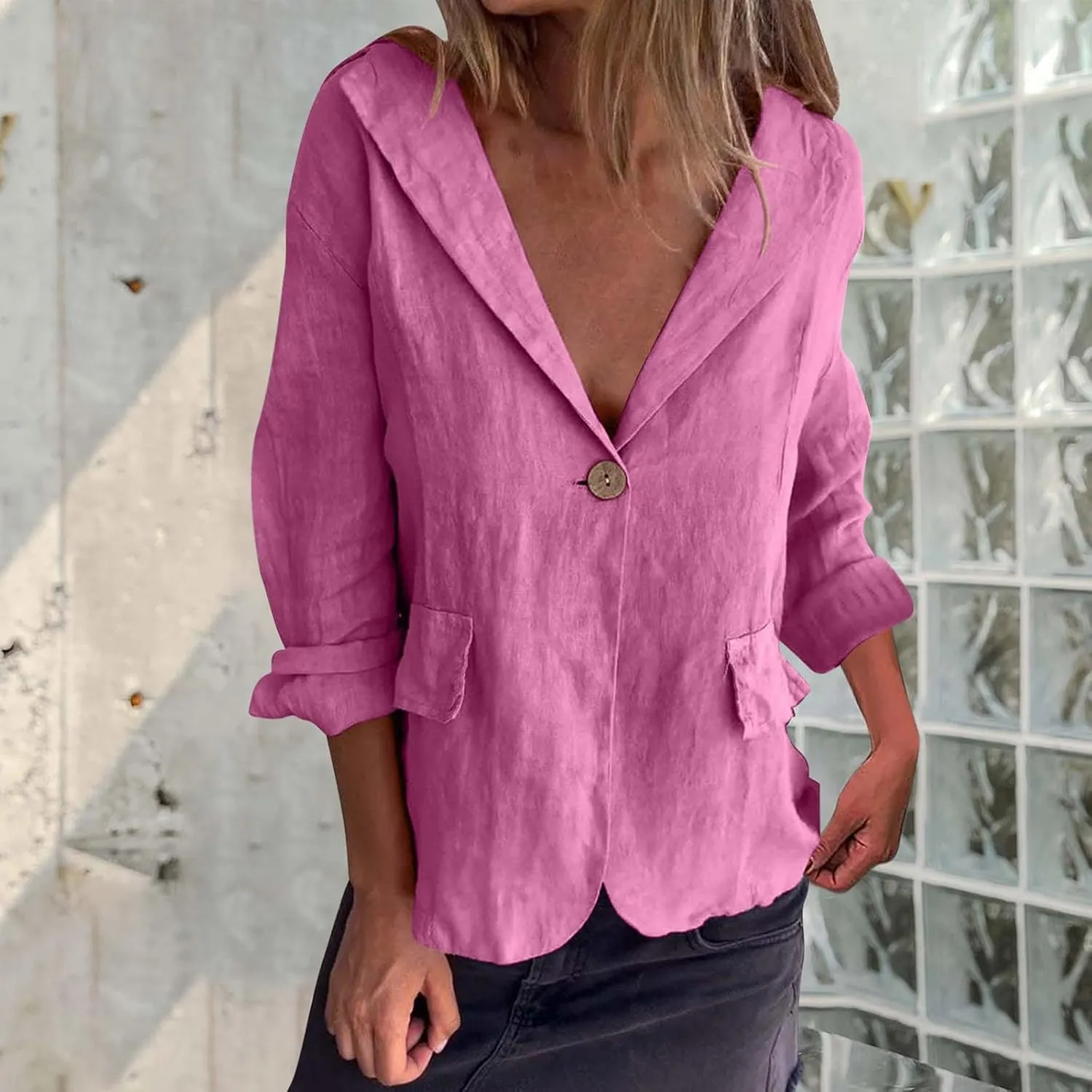 TANGNADE Linen Blazer Women Lightweight Casual Long Sleeve Spring Summer Jackets One Button Lapel Suit Blazer