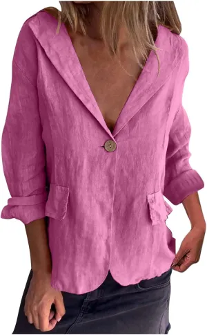 TANGNADE Linen Blazer Women Lightweight Casual Long Sleeve Spring Summer Jackets One Button Lapel Suit Blazer
