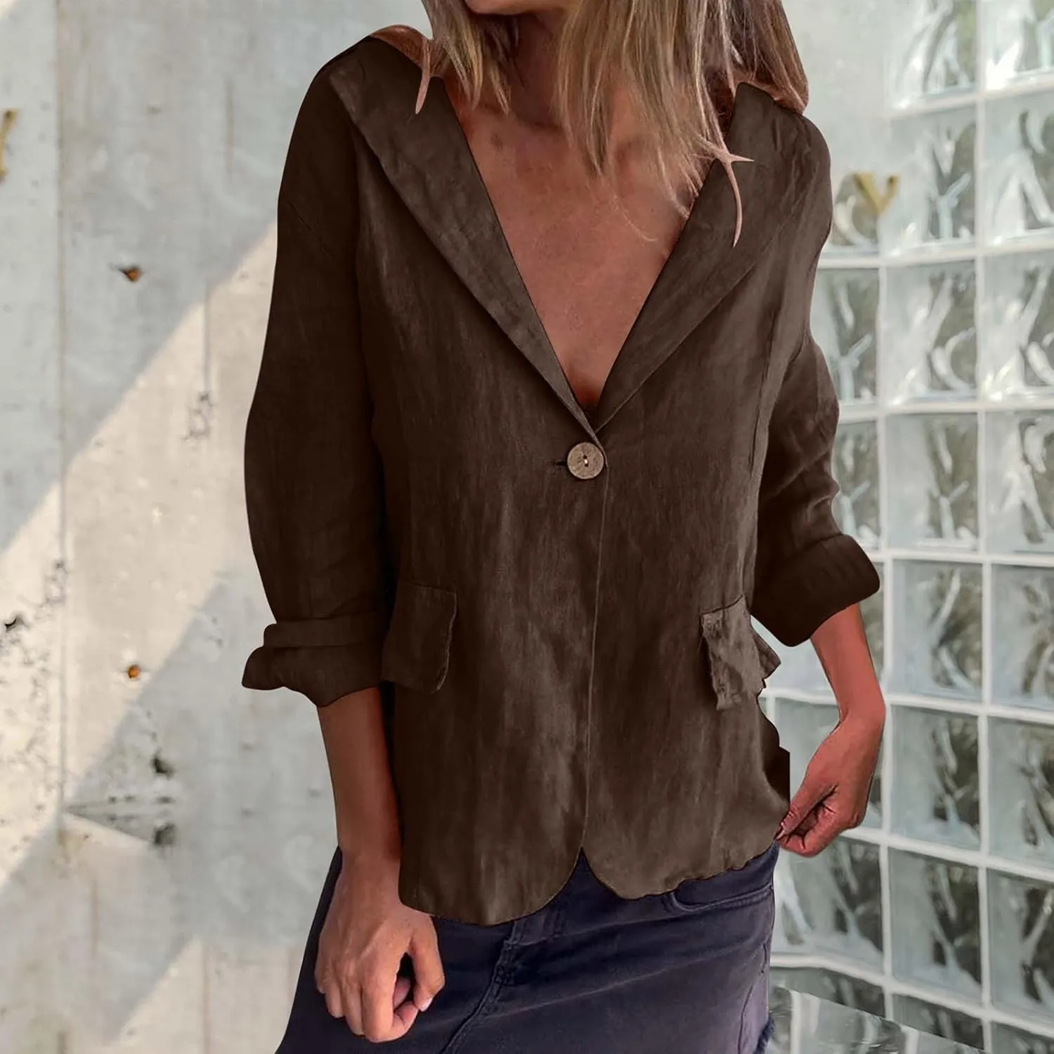 TANGNADE Linen Blazer Women Lightweight Casual Long Sleeve Spring Summer Jackets One Button Lapel Suit Blazer