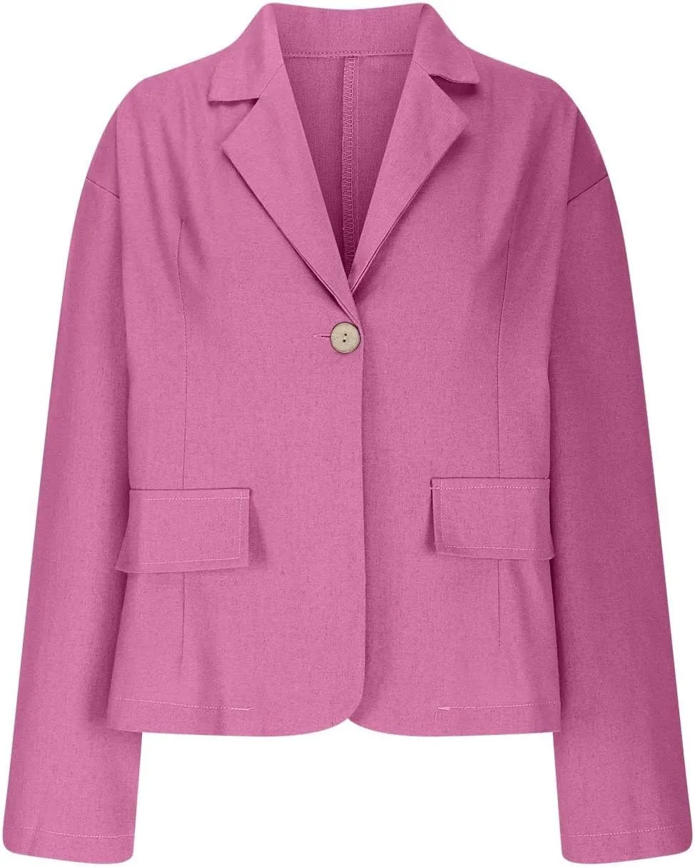 TANGNADE Linen Blazer Women Lightweight Casual Long Sleeve Spring Summer Jackets One Button Lapel Suit Blazer