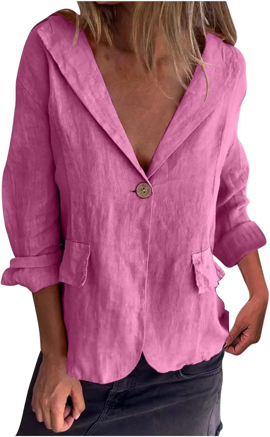 TANGNADE Linen Blazer Women Lightweight Casual Long Sleeve Spring Summer Jackets One Button Lapel Suit Blazer