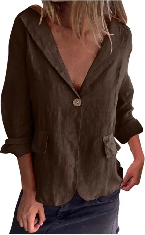 TANGNADE Linen Blazer Women Lightweight Casual Long Sleeve Spring Summer Jackets One Button Lapel Suit Blazer