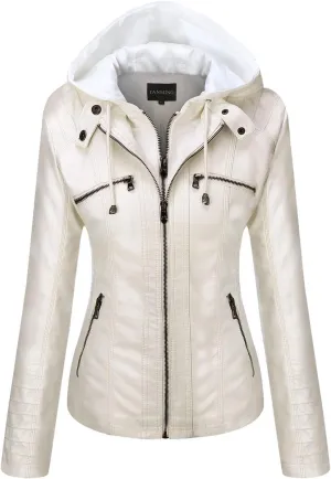 Tanming Women's Removable Hooded Faux Leather Jackets