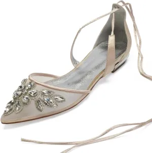 TarfiC Women Bridal Shoes Rhinestones Lace Satin Dress Ladies Flat Wedding Shoes Ballet Bridesmaid Slip on Pumps Closed Toe/Ivory