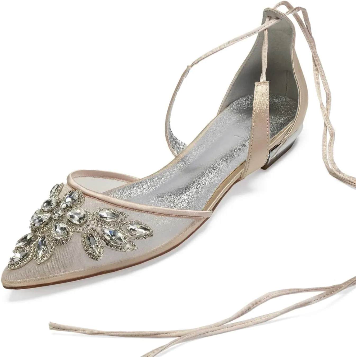 TarfiC Women Bridal Shoes Rhinestones Lace Satin Dress Ladies Flat Wedding Shoes Ballet Bridesmaid Slip on Pumps Closed Toe/Ivory