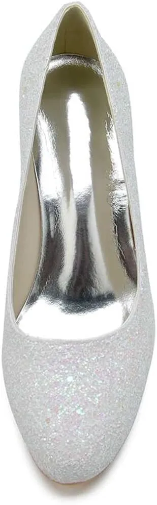 TarfiC Women's Closed Toe Wedding Chunky Low Heel,Sequins Slip On Sandals Bridal Pumps High Heeled Prom Dress Shoes